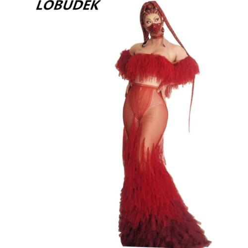 Bar Nightclub Women Singer Stage Wear Red Tassel Mesh Transparent Long Dress Birthday Party Prom Celebrate Wedding Sexy Costume