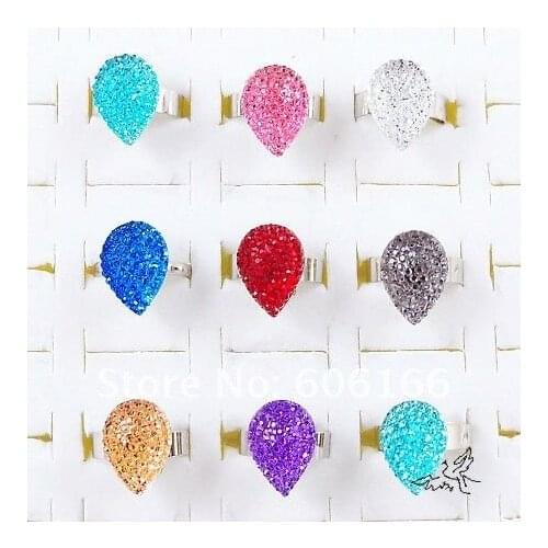 Wholesale 100pc Water Drop Design Multicolor Resin Ring Size Resizable Alloy Rings Girls Costume Fashion Jewelry