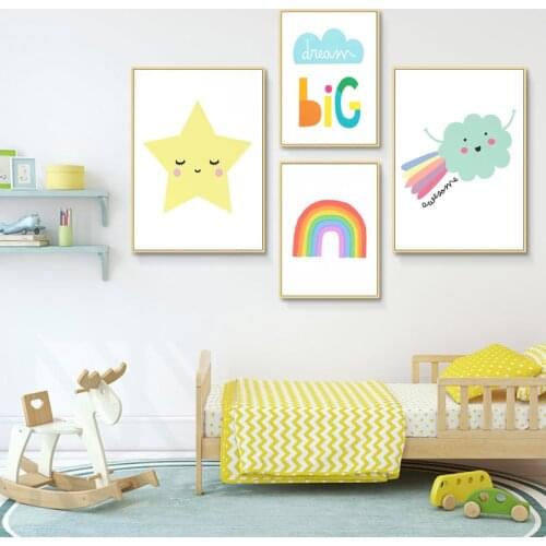 Cartoon Colorful Rainbow Cloud Star Canvas Poster Minimalist Wall Art Print Painting Picture Nordic Kid Bedroom Decor