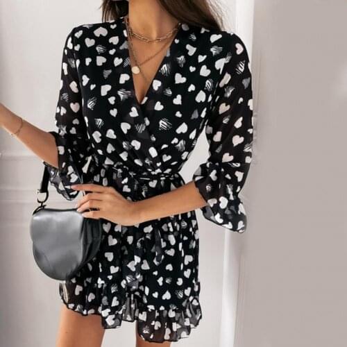 Dress V Neck Loose Female Women 3/4 Sleeve Ruffle Dress for Shopping