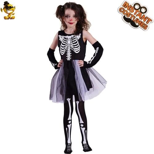 Girls Skeleton Dress Halloween Demon Costume Cosplay Skull Kids Party Fancy Dress Holiday Role Play Clothes