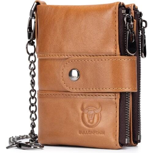 BULLCAPTAIN Durable Men Vintage Cow Leather Wallet Card Holder Foldable Wallet Purse with Chain Black / Coffee / Brown 2021