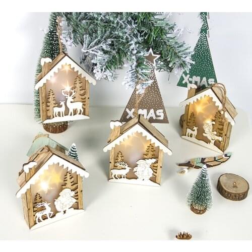 Luminous LED Light Christmas House Pendant Deer Wooden Hovel Decorative Santa Claus Cabin