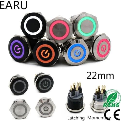 22mm Waterproof Metal Push Button Switch LED Light Black Momentary Latching Car Engine PC Power Switch 3-380V Red Blue Green Hot