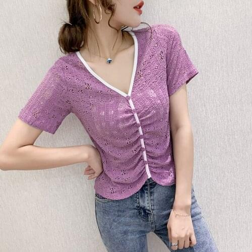 Summer Retro Hook flower Hollow out Women Short sleeve Slim V-neck Breathable Tshirt Tops