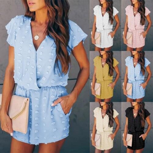 In the summer of 2021 the new cross-border v-neck shirt female loose fashion pure color embroidery dot conjoined shorts