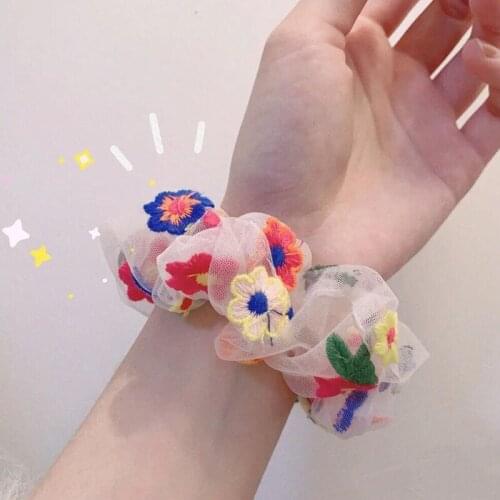 Q Scrunchies Headband Hair Accessories Korean Women Headwear Sweet Chiffon Mesh Embroidery Hair Rope Girls Ponytail Holder