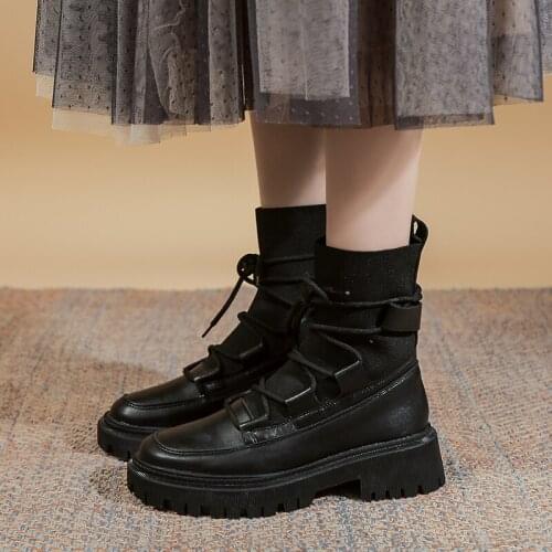 Womens Flying Knitted Stretch Platform Mid-heel Boots 2021 New Womens Lace-up Autumn and Winter Boots Thigh High Boots Flat