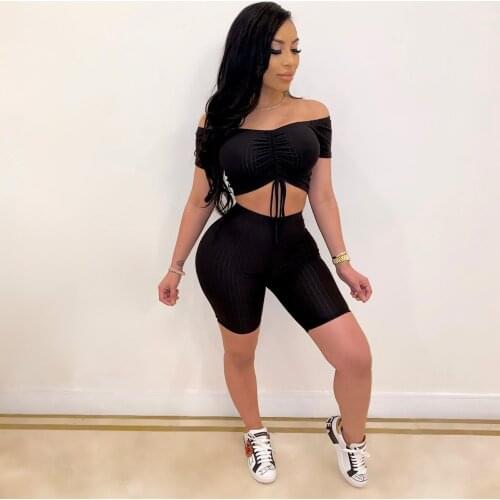 2Piece Set Women Sexy Off shoulder Short Sleeve Bow knot tied Crop Tops High waist Short Pants Stretch Outfits Sets