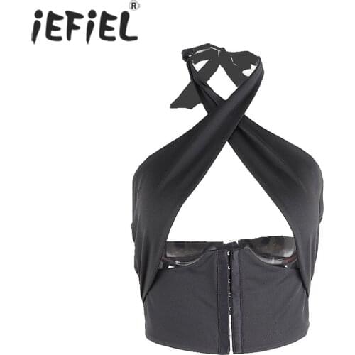 Women Summer Fashion Halter Neck Hollow Out Cross Camisole Front Closure Lace-up Backless Crop Top Vest Night Club Wear