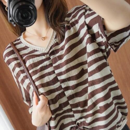 2021 Summer Retro Linen Striped Short-sleeved Stitching Drawstring Loose Top Irregular T-shirt Women