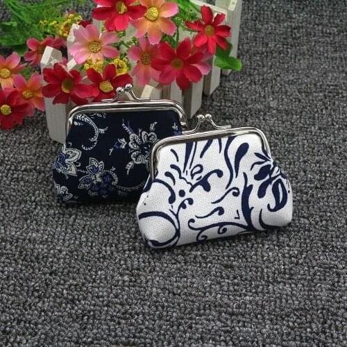 Women Girl Retro Blue and White Porcelain Printed Hasp Canvas Coin Purse Wallets Buckle Pouch Mini Bag Gift