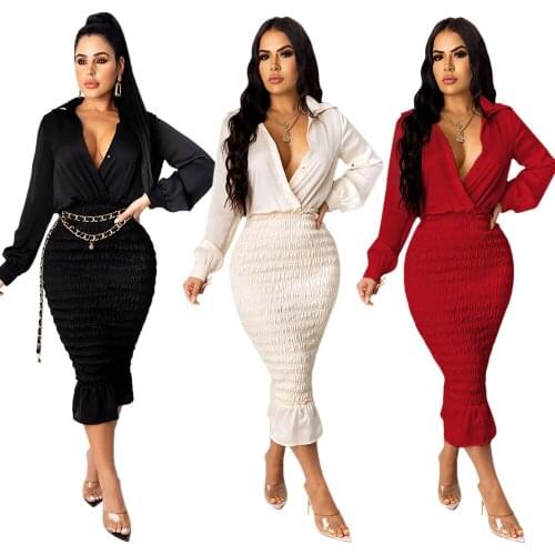 Women Sexy Midi Dress Office Lady Turn Down Collar V Neck Long Sleeve Shirt Pleated Ruffle Bodycon Party Dresses HB703
