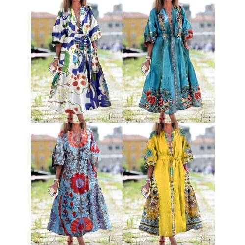 Plus Size Floral Printed Bohemian Dresses For Women Lantern Sleeve V Neck Summer Party Beach Dresses Runway Maxi Vestidos