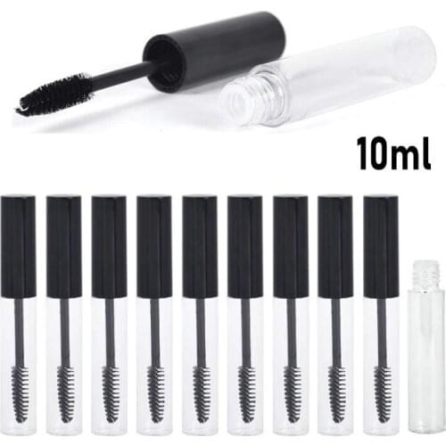 10Pcs10ml Portable clear mascara tubes with wand packaging Liquid Eyelash bottle Black Cap Empty Refillable cosmetics containers