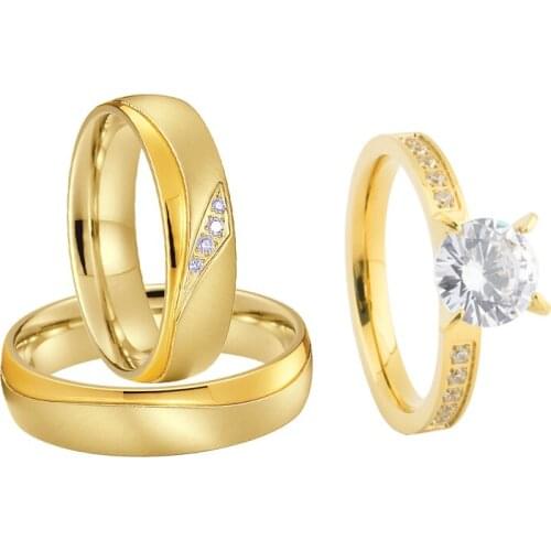 3pcs Gold Color Promise Engagement Wedding Rings set for Men and Women Lovers Alliance Marriage Anniversary Couple Ring Gift