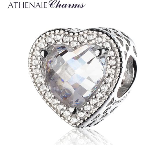 ATHENAIE 925 Sterling Silver Pave Clear CZ Radiant Hearts Bead Charm Fit Bracelets Necklace Women