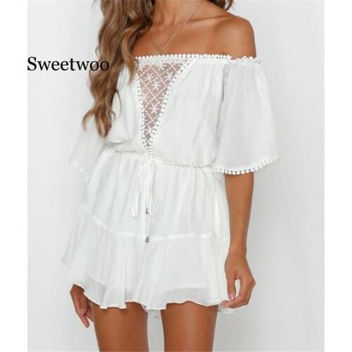 White Lace Summer Urban Women Off Shoulder Playsuit Shorts Ladies Elegant Backless Ruffle Romper Sexy Shorts Overalls Jumpsuits