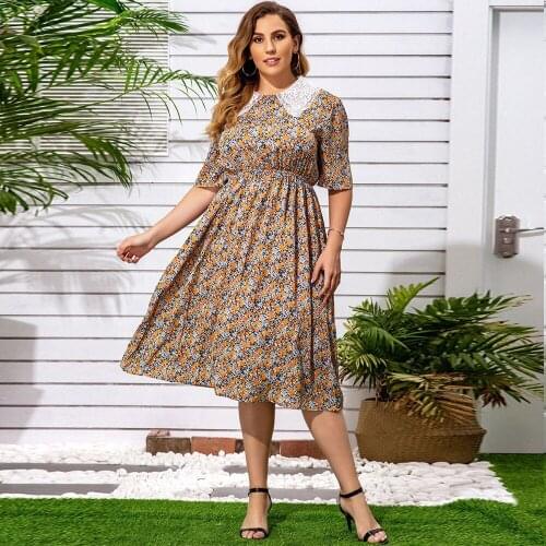 Plus Size Floral Dress Women 2020 Fashion Lace O Neck Short Sleeve Flower Print Casual Dress High Waist Maxi Long Dresses