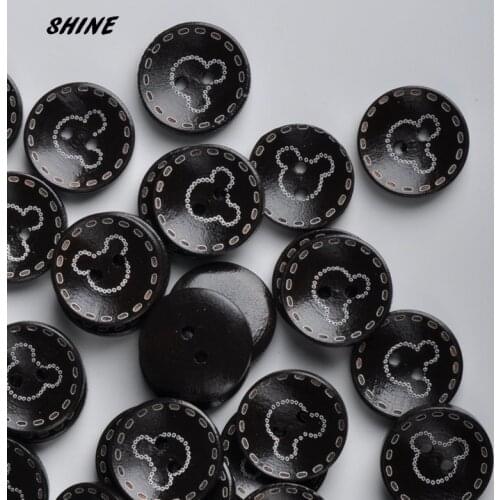 Wooden Sewing Buttons Scrapbooking Round Black Two Holes Mickey Pattern 15mm Dia. 50PCs Costura Botones Decorate bottoni botoes