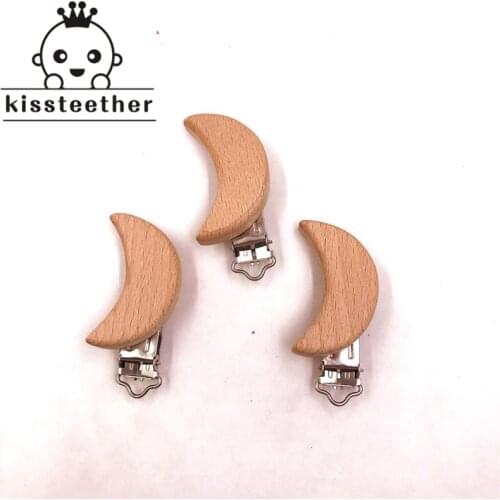 Wooden Teether Moon Shaped Pacifier Clip Silicone Bead Baby clip teething Accessories Clip Clasps Toy DIY Pacifier Chain Tool