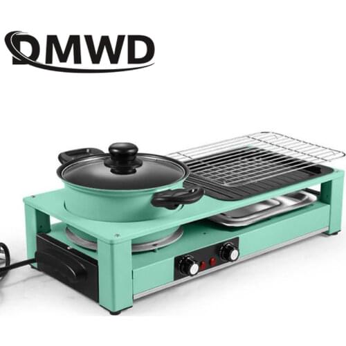 DMWD 2 in 1 Hot Pot Electric Grill Griddle BBQ Double-flavor Hotpot Smokeless Barbecue Baking Flat Pan Non-stick Omelette Frying