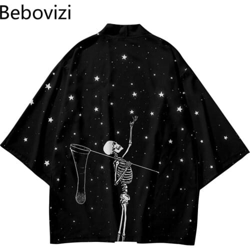 Harajuku Haori Kimono Cosplay Top Yukata Clothes Plus Size 5XL 6XL Black Skeleton Loose Japanese Streetwear Cardigan Women Men