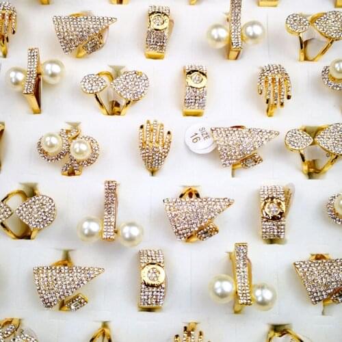 50Pcs Womens Rings Mixed Styles Pearl Gold Zircon Wholesale Rings Lots Female Jewelry Bulks Lot RL4166