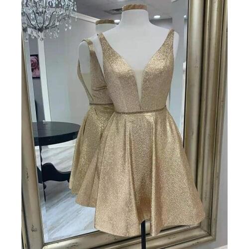 Deep V-Neck Short A-Line Glitter Homecoming Dresses with Pockets Knee Length Zipper Graduation Dresses for Juniors