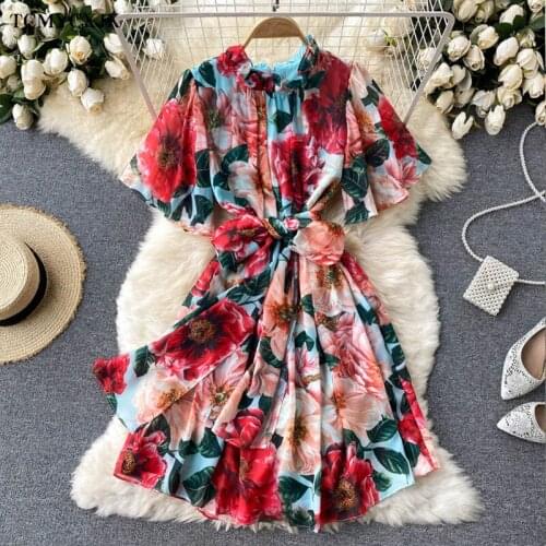 Summer Clothes Chiffon Dress Women 2021 New Vintage Print Sweet Wood Ear Collar Slim Mini Dresses Women Floral Beach Dress Girl