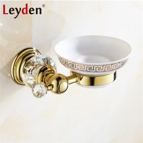 Leyden Luxury Crystal Shower Soap Holder Polished Gold Ceramic Soap Holder Wall Mounted Soap Dishes Holder Bathroom Accessories