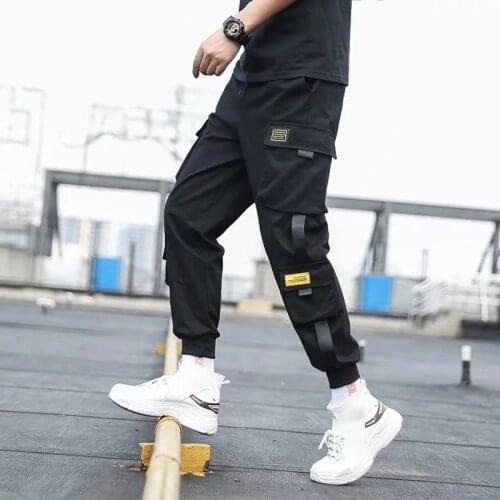 Mens Side Pockets Cargo Harem Pants 2021 Ribbons Black Hip Hop Casual Male Joggers Trousers Fashion Casual Streetwear Pants