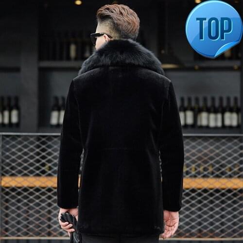 Real Sheep Shearing Fur Coat Men Winter Jacket Long Wool Coat Real Fox Fur Collar Leather Parka Hombre 1804 LX2367