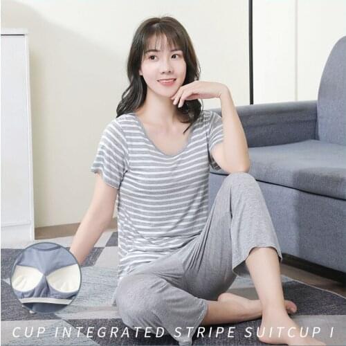 Casual home service suit womens cup one-piece short-sleeved t-shirt striped half-sleeved cropped trousers suit