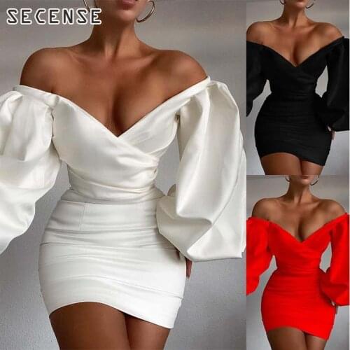 Off Shoulder Bodycon Satin v Neck Latern Sleeves Pink White Black Mini Dress Women Fashion Sexy Night Club Party SECENSE