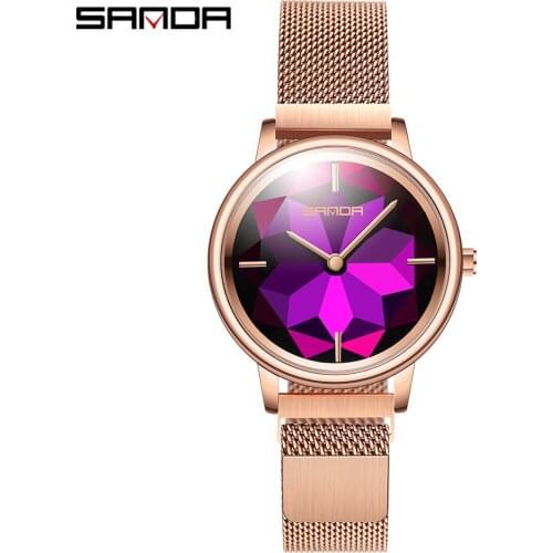 SANDA 2020 Hot Sell Waterproof Women Watch Charming Diamond Pattern Dial Quartz Wristwatch Milan Mesh Belt Relogio Feminino 1016