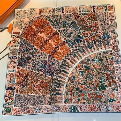 90cm Manual Hand Rolled Twill Silk Scarf Women Garden Print Square Curled Scarves Echarpes Foulards Femme Wraps Bandana Hijabs