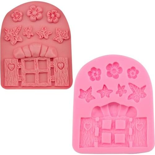 Fairy tale window door flowers and leaves silicone fondant cake mold chocolate cartoon baking tools gypsum drops DIY soap mold