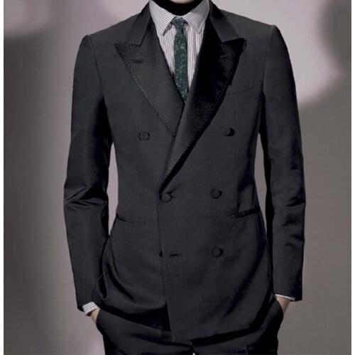 Bespoke Tuxedo for Men Suit Custom Made Suits Dark Grey Double Breasted Men Suits, Pick Stitching Peak Lapel Trims Fashion 2021