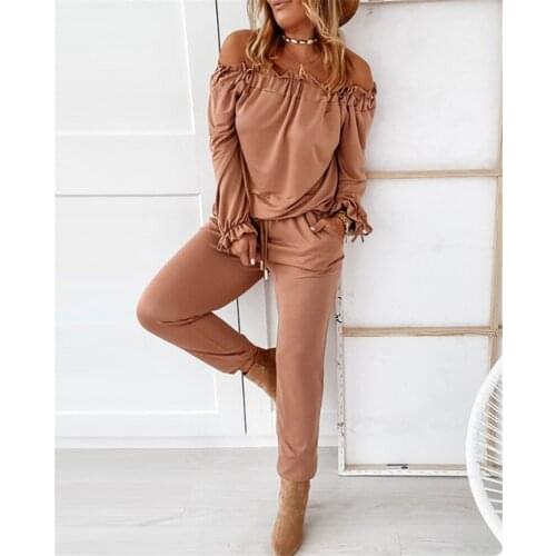 Tracksuit women 2 Piece OutFit Drawstring Pockets Pants+Ruffles Slash Neck Long Sleeve Tops Set Outsuit Pant Suits Femme Outsuit
