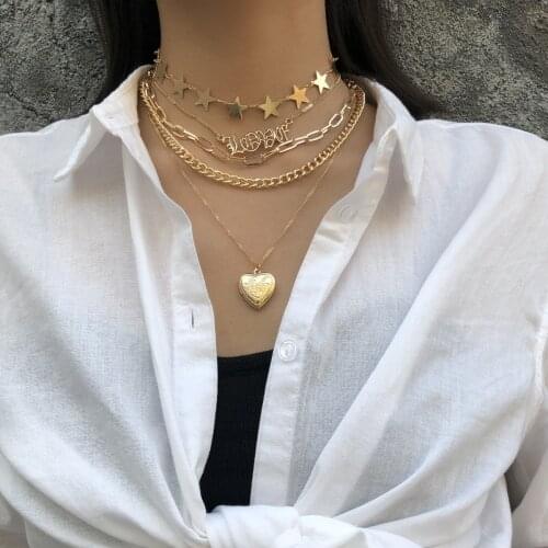 Youvanic Vintage Layered Gold Chain Locket Heart Pendant Necklace Love Letter Star Choker For Women Fashion Jewelry Collar 2614