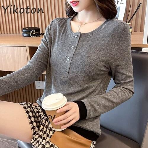 New Spring Autumn Gray Basic O-Neck Womens Clothing 2021 Buttons T-shirts With Long Sleeves Korean Simple Patchwork Haut Femme