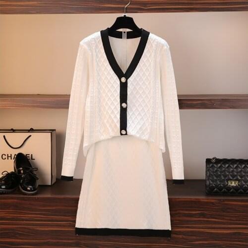 Knitted Two Piece Set Women Elegant Sweater Cardigan + Mini Bodycon Skirt Set Suits Matching Sets Ensemble Femme 2 Piece Set