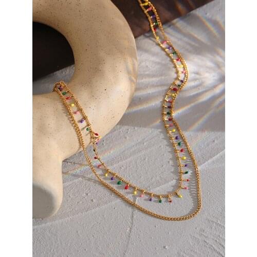 Yhpup Stainless Steel Colorful Enamel Chain Necklace Minimalist Metal Double Layered Jewelry Collar Necklace Bijoux Femme New