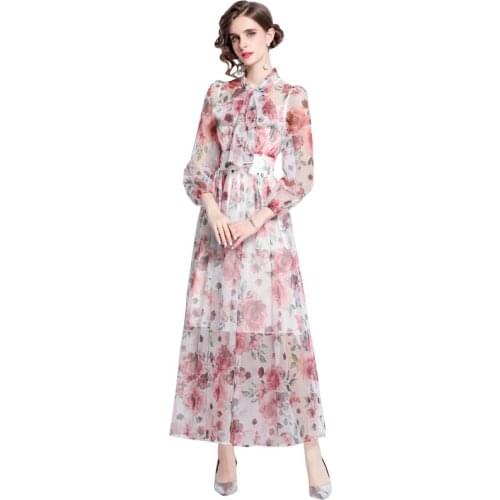 2021 Summer Fashion Runway Bohemian Chiffon Beach Dress Bow Coller Pink Floral-Print Elegant Party Vacation Lantem Sleeve Dress