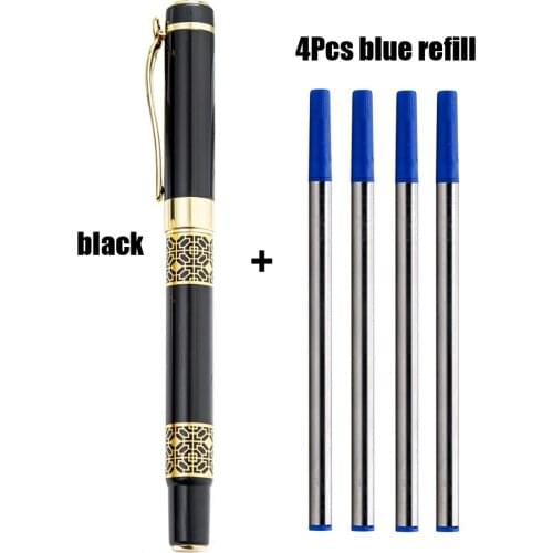 1+4Pcs Luxury Golden Carving Black Wood Ballpoint Pens Business Ink Pen With Replaceable Refill School Supplies Stationery