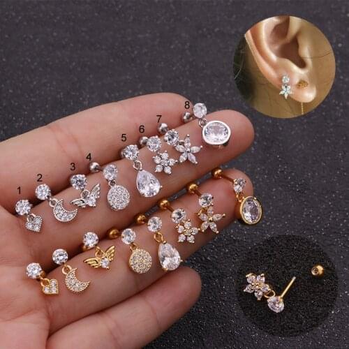 1PC Fashion Flower Crystal Studs Cartilage Earrings for Women Stainless Steel Ear Piercing Jewelry Gift