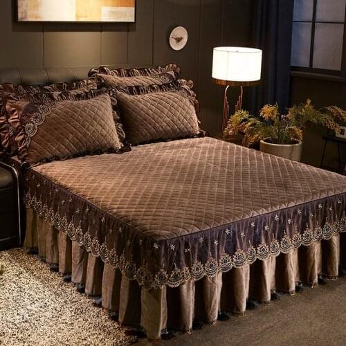 European style Quilting Solid color velvet Bed Skirt Bedspread Bed Sheet Bed Cover Pillowcase Bedding Set 3pcs