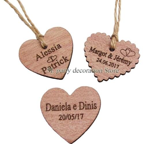 30/50/100pcs Personalized Engraved Wedding Name and Date Wooden Heart Tag Gift Favor Tag Bridal Shower Tag invitation tags