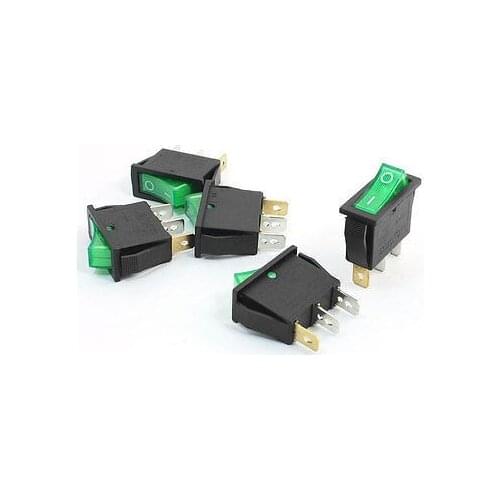 Free shiipping!AC 10A/20A 250V/125V 3Pin SPST Snap In Boat Rocker Switch 5Pcs w Green Lamp